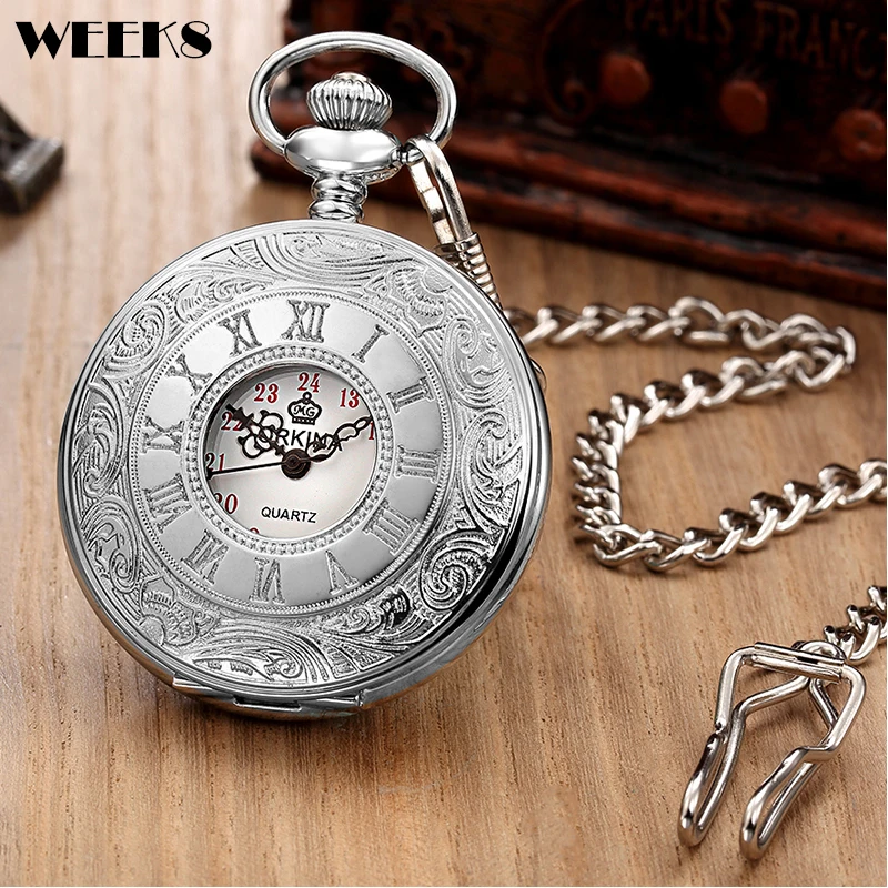 

7 Style Roman Numeral Mechanical Pocket Watch Antique Vintage Sliver Steampunk Skeleton Engraved Fob Chain Clock for Men Women