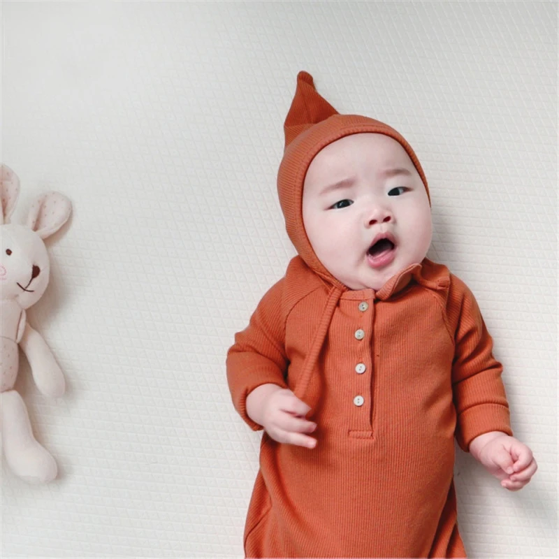 Baby Spring Rompers 0-24M Newborn Girl Boy Clothes Knitted Cotton Long Sleeve Jumpsuit Outfit Hat For Kids Onesie | Мать и ребенок