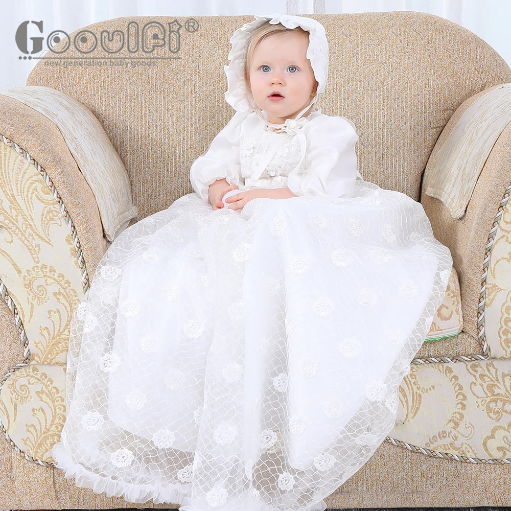 

Платье детское, кружевное, с чепчиком, с цветочным принтом, атласная с рюшами