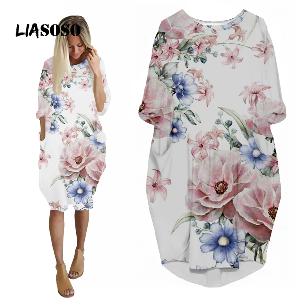 

LIASOSO Animal Flower Dress 3D Print Girls Street Interesting Fashion Loose Long Sleeve Over The Knee Color Dresses for Women