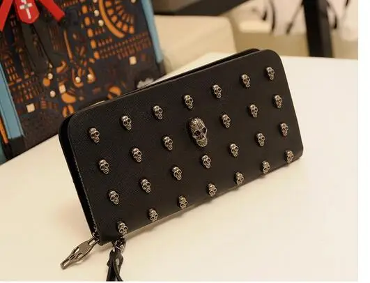 

30pcs/lot fedex fast unisex woman man casual cartoon skull long wallet female pu rivet skull standard purse