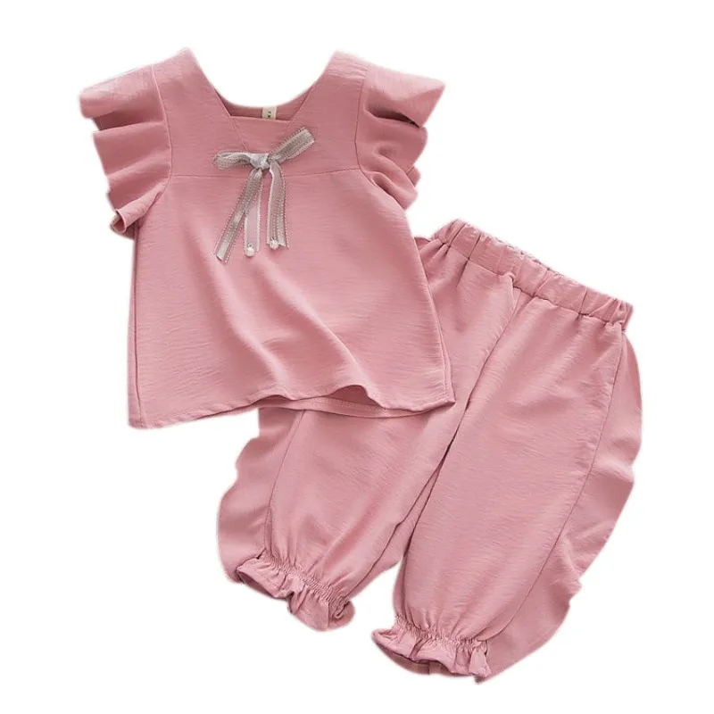 

Summer Children Baby Girls Two Pieces Outfit Casual Fly Sleeve Bow Tops T-shirt+Short Pants Suits Costume Set