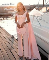blush pink jumpsuit formal evening dress for women arabic one shoulder feather long special occasion gowns beads elegant 2021