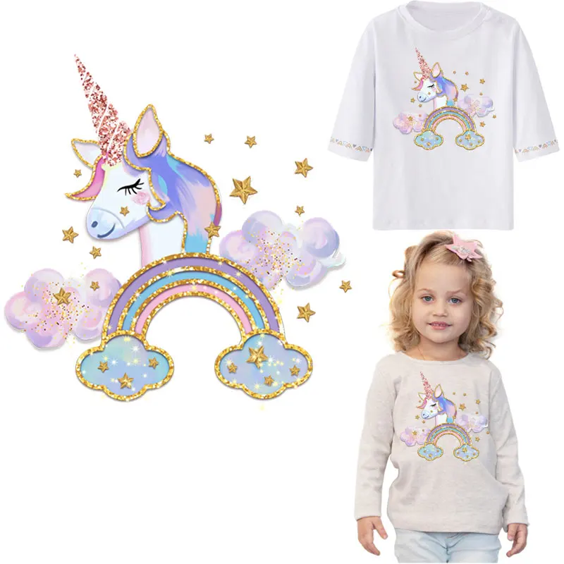 

Rainbow Cloud Unicorn Giltter Patches Iron On Kids Clothes Thermo Stickers Patch Applique For Clothing Diy Heat Transfer Parches