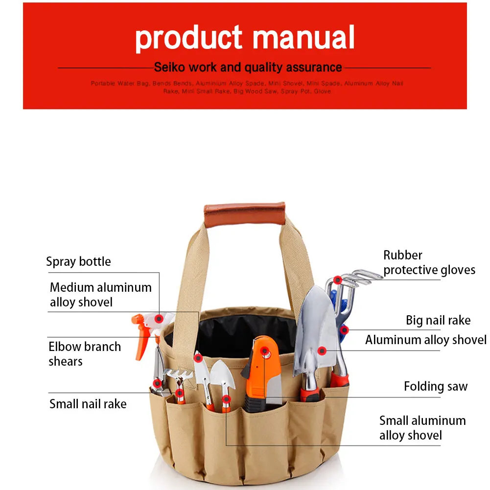 

10 PCS Gardening Hand Tools Kit Mini Bonsai Tools with Tote Bag Elbow Branch Nail Rake Spade Spraying Pot for Gardeners