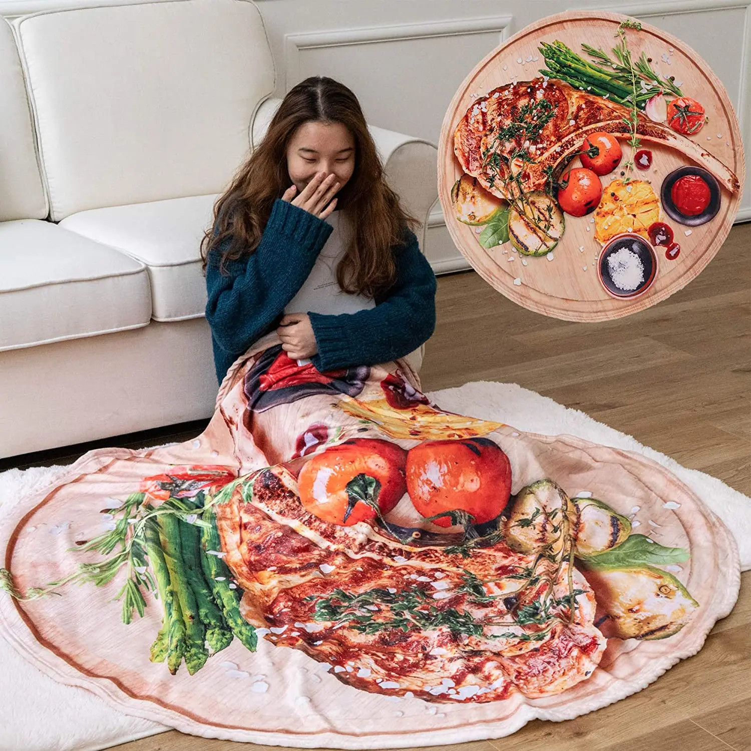 

Battilo Interesting Steak Food Blanket 3D Print Soft Flannel Winter Warm Round Blankets Decorative Throw Blankets For Bed