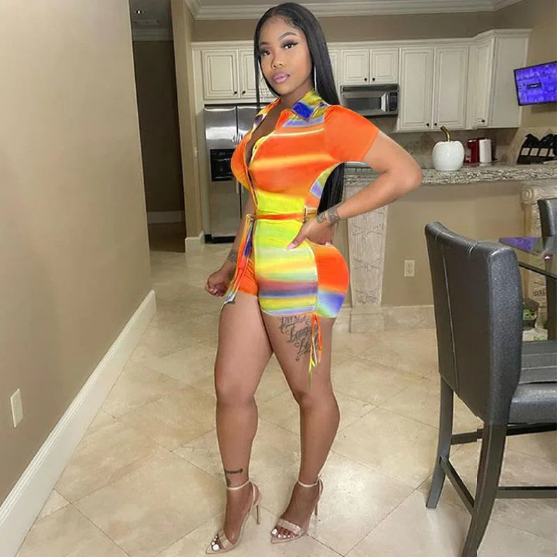 

Женский Облегающий комбинезон в радужную полоску, летняя одежда для отпуска с коротким рукавом, сексуальные шорты для ночного клуба, Комбин...