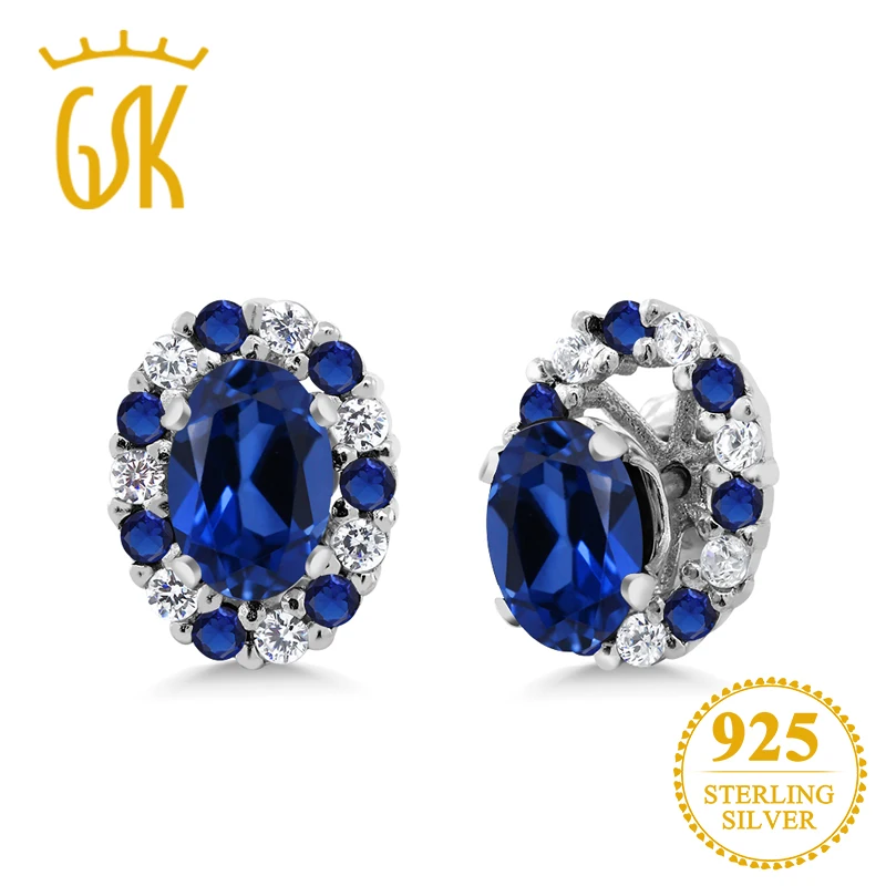 GemStoneKing 1,46 Ct ОВАЛЬНЫЙ Натуральный Синий сапфир женские серьги-гвоздики 925 пробы серебряные серьги с курткой