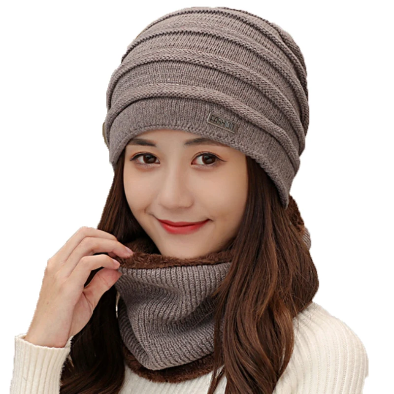 Шапка шарф набор для мужчин и женщин Толстая теплая зимняя шапка бини с кольцом