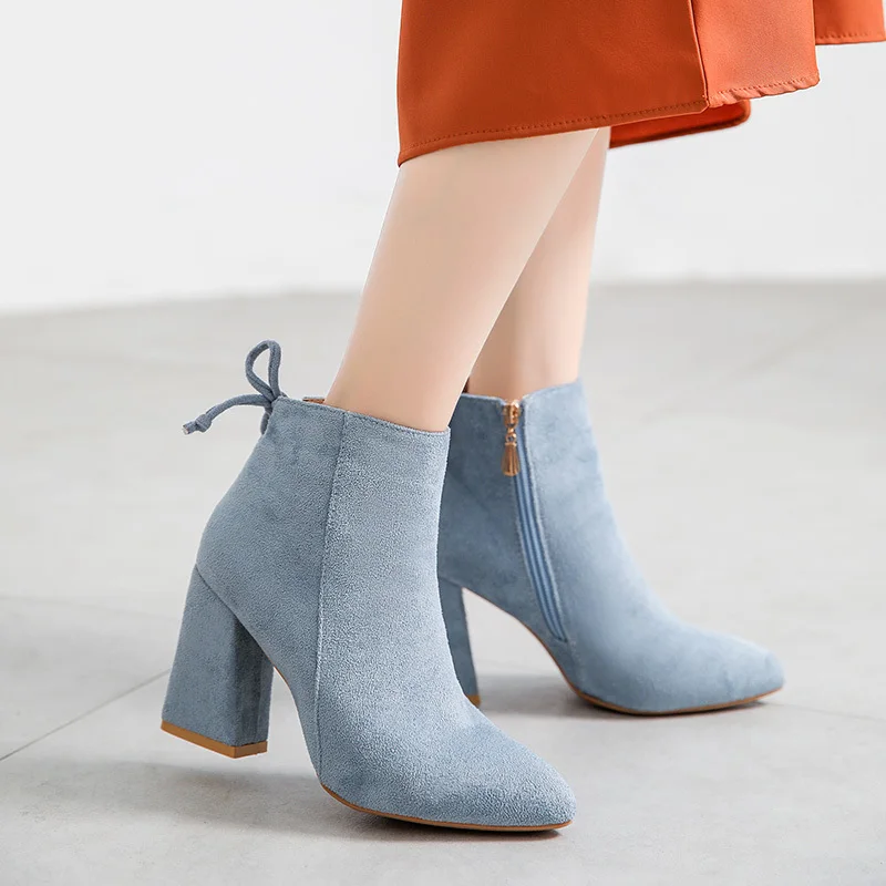 HEE GRAND 2019 Autumn Women High Heel Ankle Boots Square Flock Pointed Toe Side Zip Sexy Fashion Short Pumps Shoes XWX7366 | Обувь