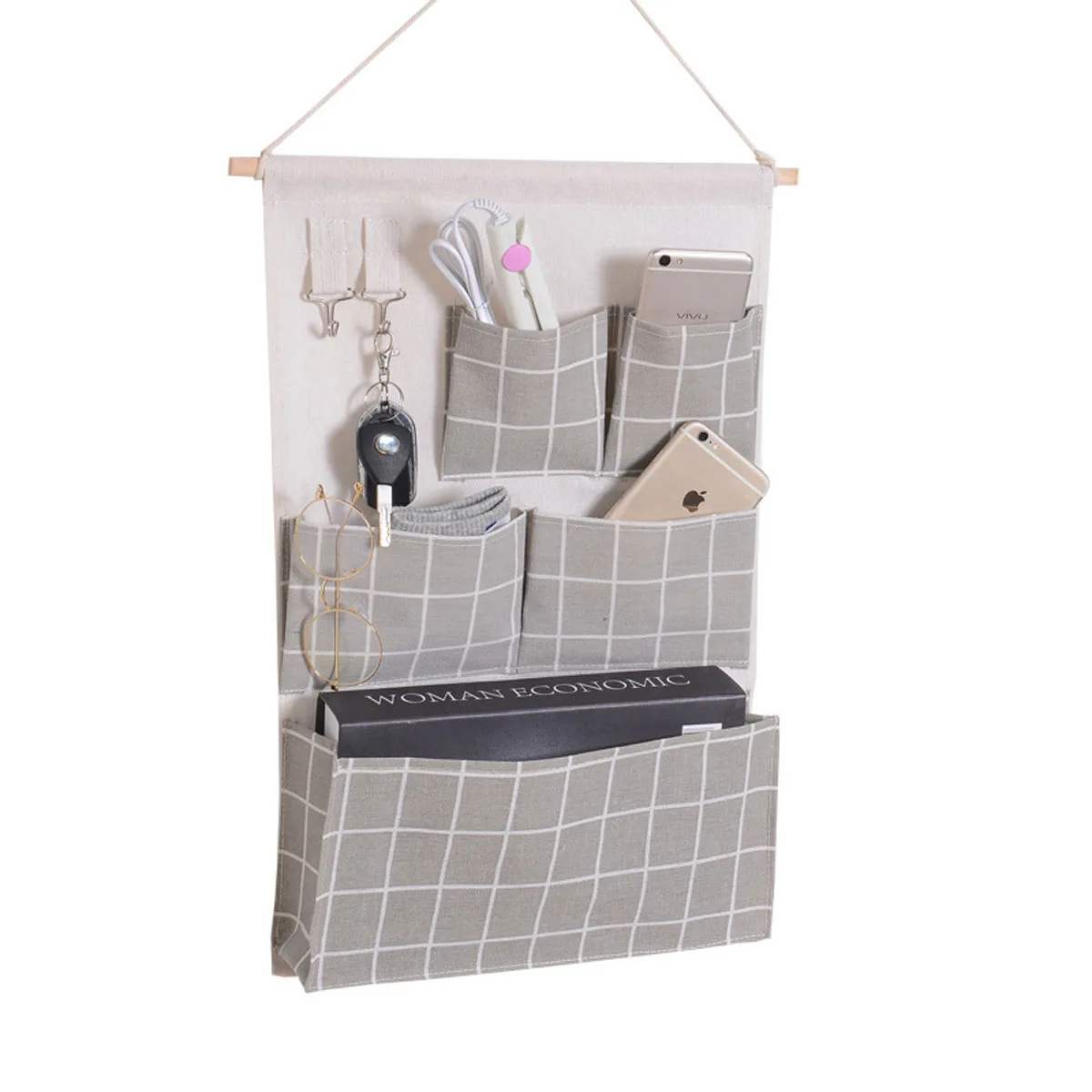 

Plaid Hanging Bag, Wall Closet Storage Bag with 5 Pockets and and 2 Hooks Bathroom Organizer