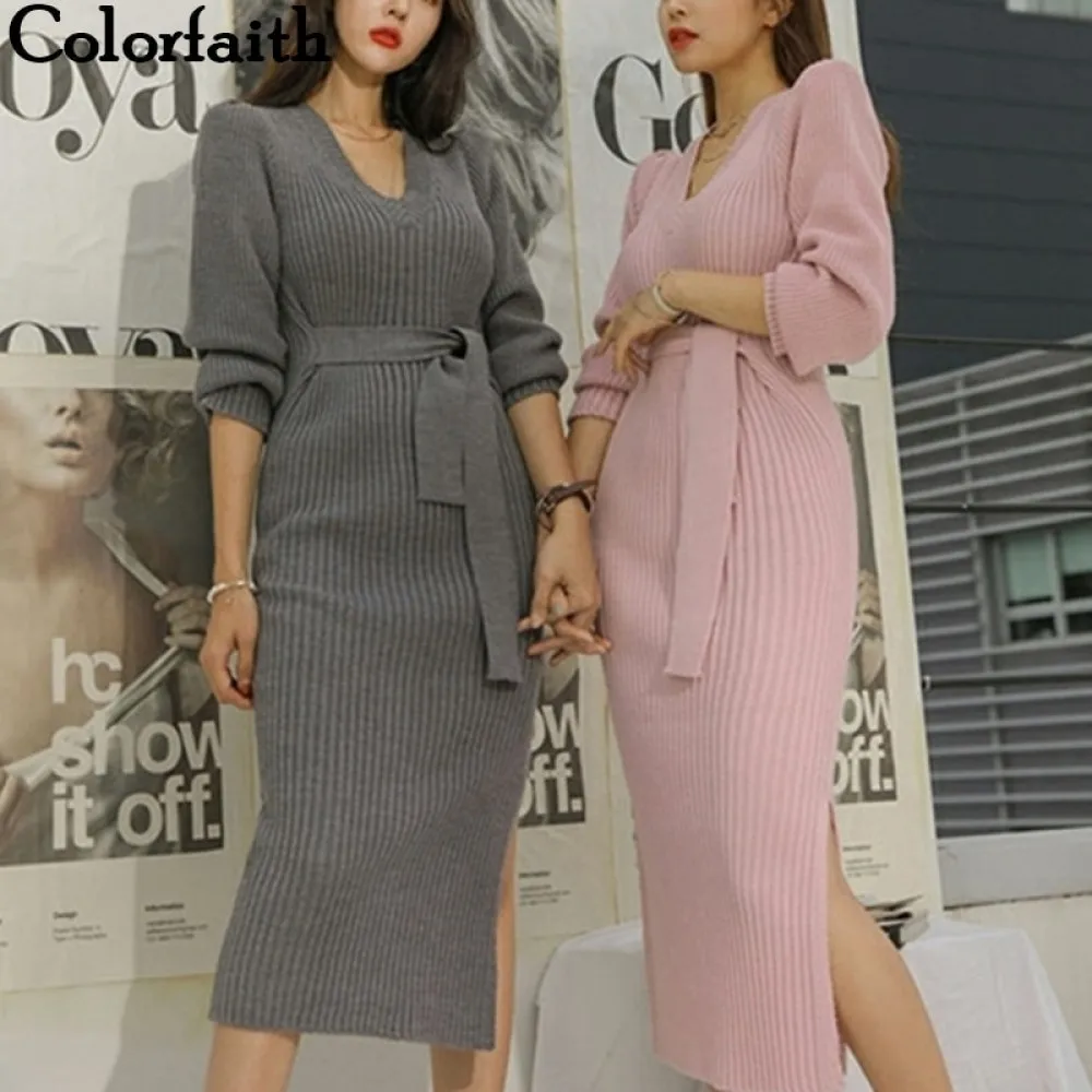 Colorfaith/Новинка 2021 осенне зимние женские платья обтягивающие вязанные с поясом