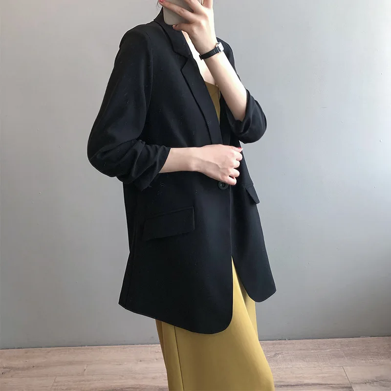 Sister Fara New Spring 2021 Elegant Thin Blazer Jacket Women Single Button Jacket Coat Office Lady Notched Pocket Casual Blazers