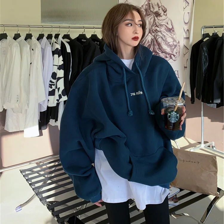 

Осень-зима 2021 Новинка корейский модный Свободный Топ с капюшоном для ленивого отдыха из бархата тонкий женский свитер средней и длинной дли...