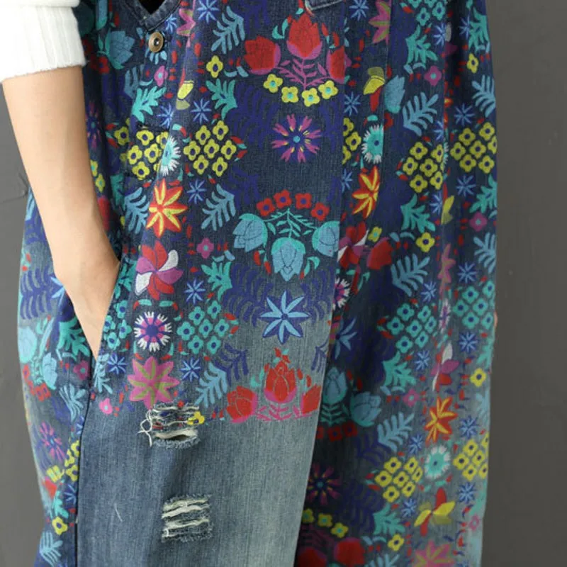 

New Denim Jumpsuit for Women Printing Floral Torn Jeans Girl Vintage Pockets Wide Leg Rompers Female Streetwear Deep Blue