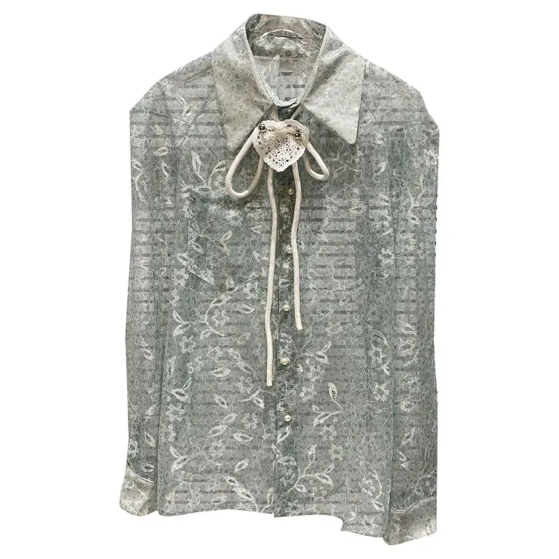 

2021 Summer New Love Bow Tie Lace Crocheted Elegant Socialite Shirt Female Women Tops