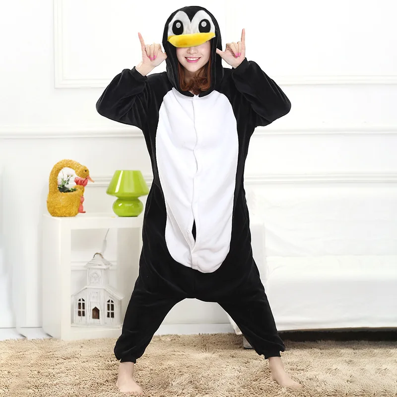 Зимняя Пижама Пингвин кигуруми комбинезон с животными Черный Забавный Женская