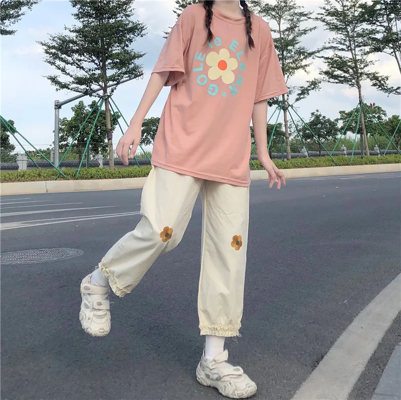 Японский Kawaii мягкие с цветочным мотивом для девочек С вышивкой Женские штаны