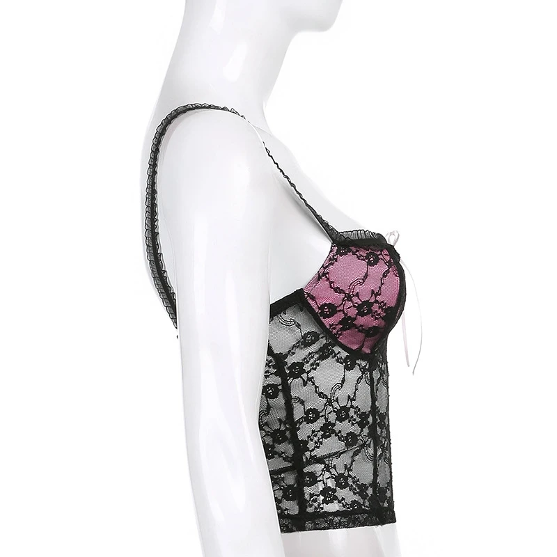 

Frill Lace Sleeveless Cami Top Summer Sexy Mesh Transparent Crop Tops Tees Streetwear