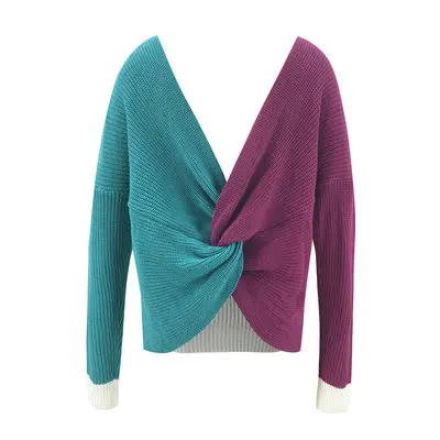 

Sexy Women Sweaters Kink Design Design Color Matching V-Neck Long Sleeve Backless Slim Pullovers Knitted Top For Streetwear