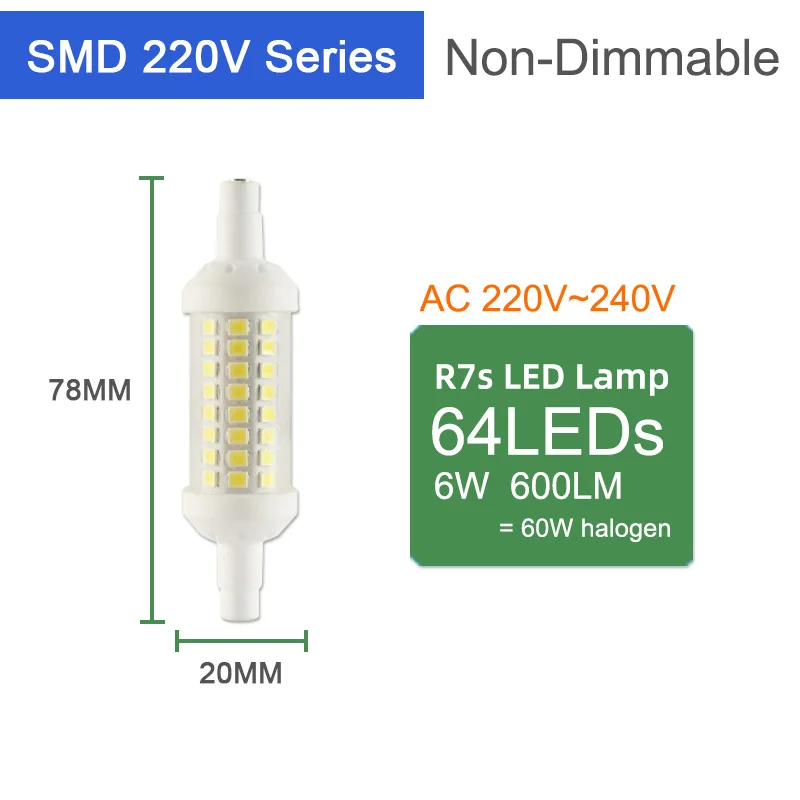 SMD 78mm 220V NonDim Kaguyahime СВЕТОДИОДНЫЙ R7S лампа 6 Вт 9 Вт 12 Вт 220 В 110 В светодиодный светильник с регулируемой яркостью 78 мм 118 мм 135 мм заменить галогенный светильник Светодиодный точечный светильник - Испускаемый цвет: SMD 78mm 220V NonDim