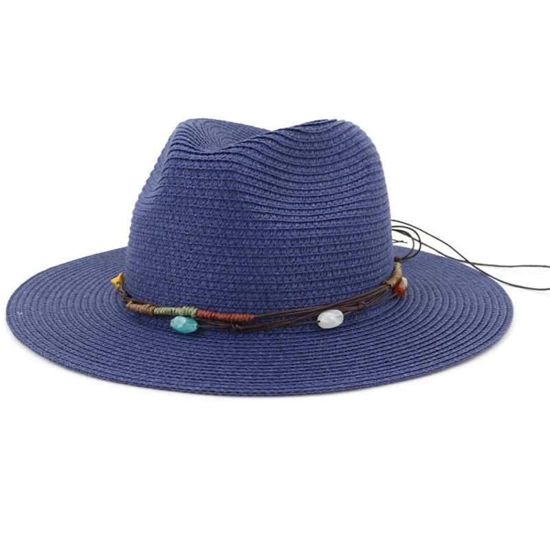 

HT3652 New Wide Brim Summer Sun Hat Beads Band Straw Fedoras Men Women Floppy Panama Hat Male Female Casual Travel Beach Cap