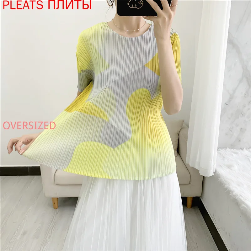 

Summer New Miyake Pleated Top Printed T-shirt Women's Slim Slim Short-sleeved Round Neck Pleats Oversized T Shirt One Piece Cors