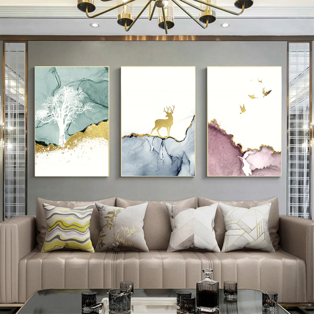 Современная абстрактная картина Золотой олень в лесу настенная живопись розовое