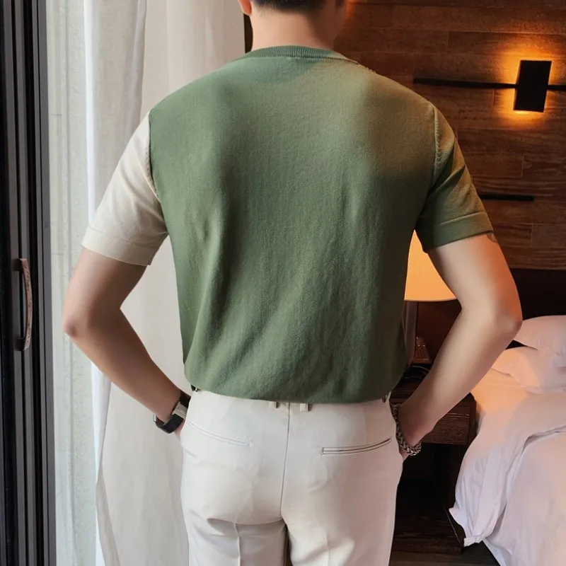 

Mixed Colors Design Short Sleeve Casual Tees Tops Mens Knitting T Shirt O Neck Slim Pullovers Tops Plaid T Shirts Plus Size 4XL