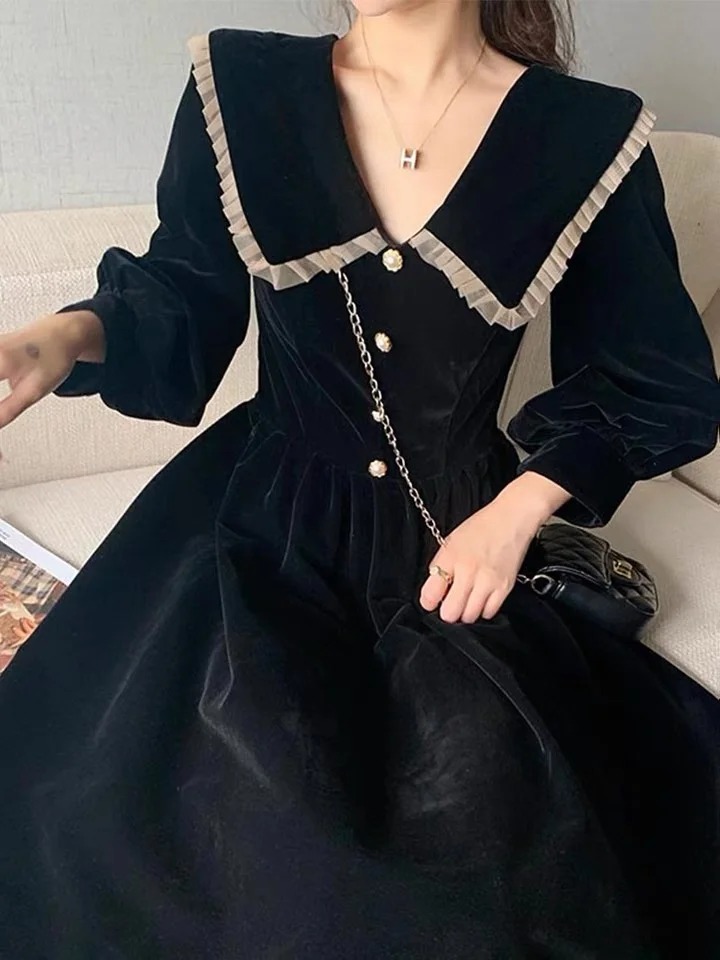 

CMAZ Dress For WomenFrench Style Doll Collar Gold Velvet Style Dress for Women