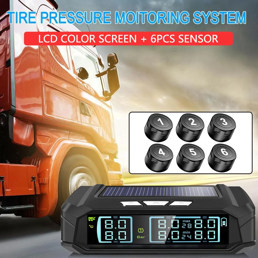 

Car Security Alarm Solar Wireless TPMS with 6/4 External Tyre Pressure Sensors Tire Pressure Monitoring System For Bus Truck Car