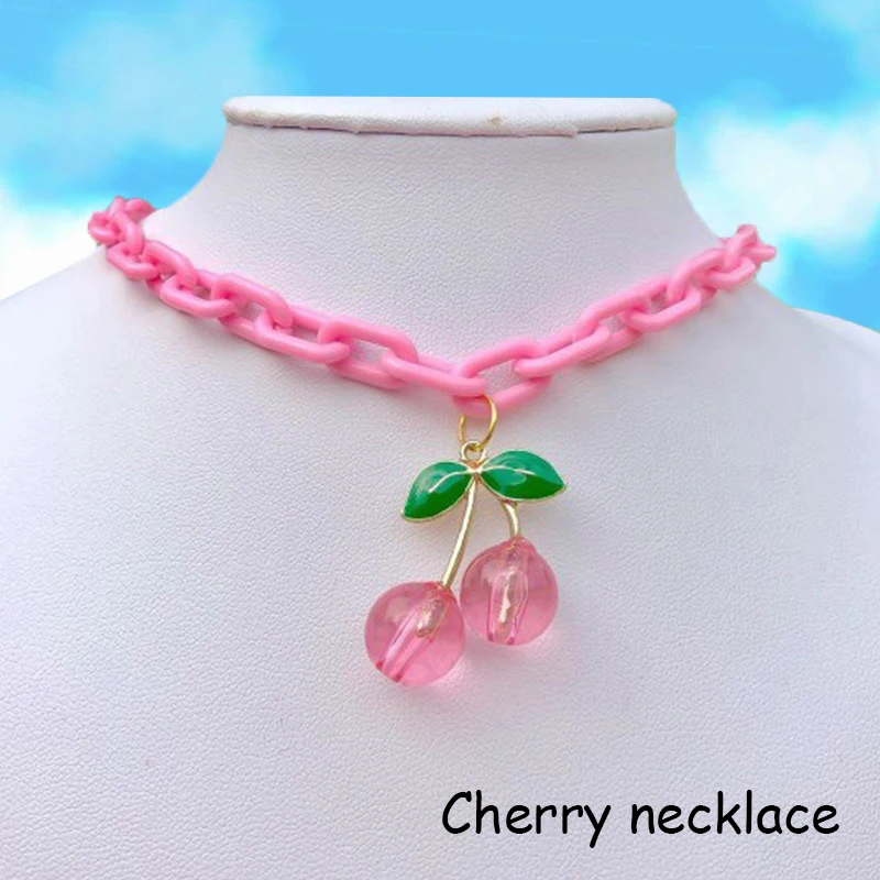 2000s Jewelry Pink Cherry Pendant Necklace for Women DIY Kawaii Egirl Aesthetic Harajuku Necklace Y2K Fashion Party