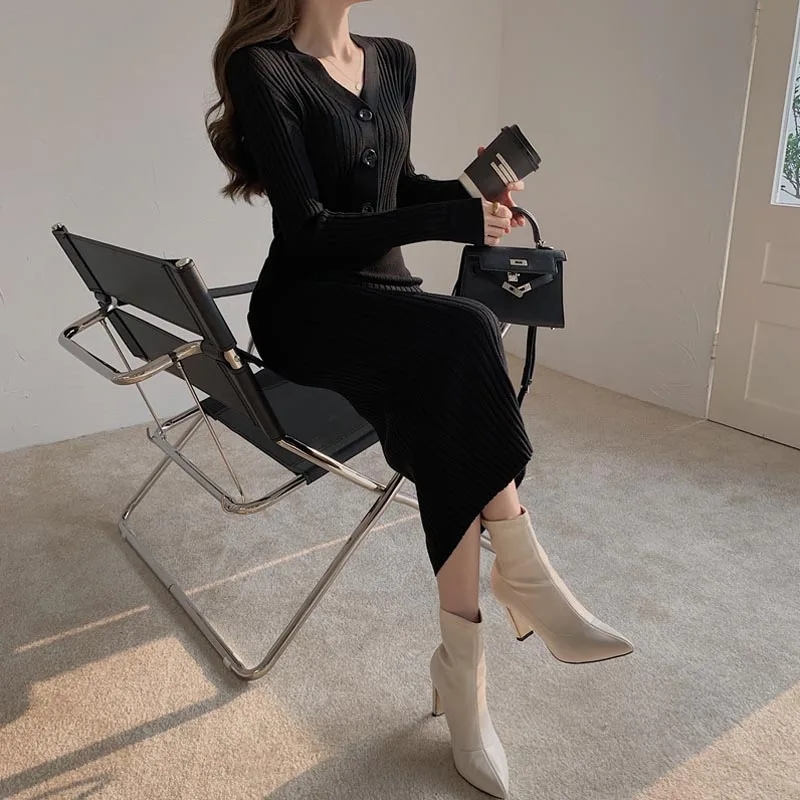 

Korean Ladies One-Piece Dress Elegant Slim Knitted Sweater Dress Long Dress 2020 Winter Woman New Hedging Sweater Knitt Dresses