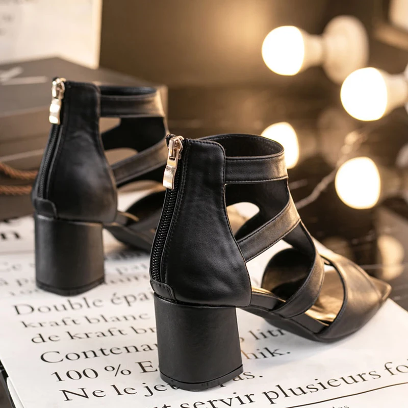 

Hollow Out Thick High Heels Sandals Women 2021 Peep Toe Summer Sandals Boots Woman Plus Size Casual Zipper Rome Shoes