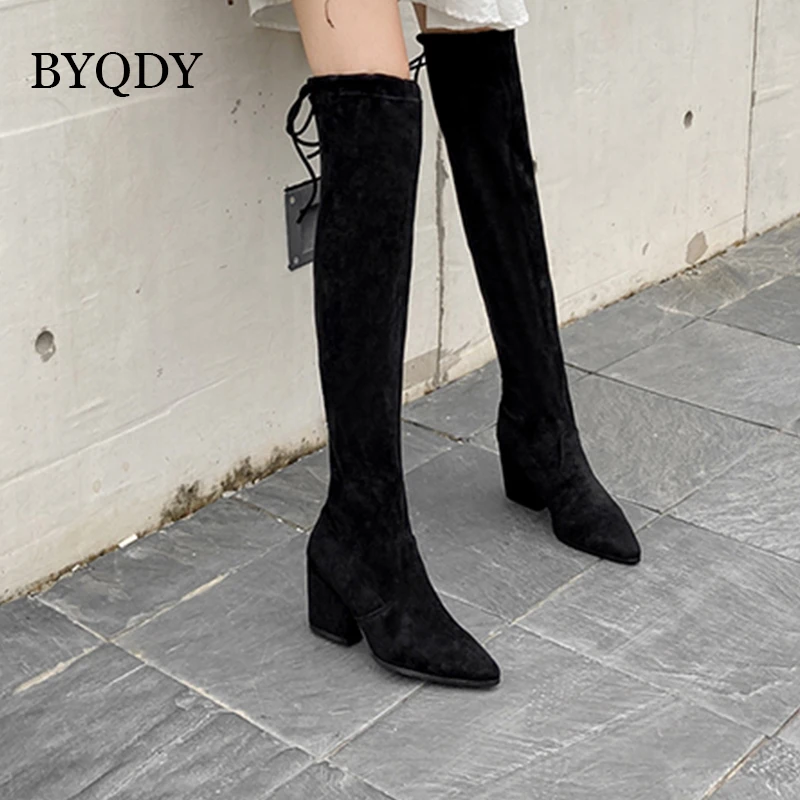 Женские ботфорты из искусственной замши BYQDY черные эластичные на высоком каблуке