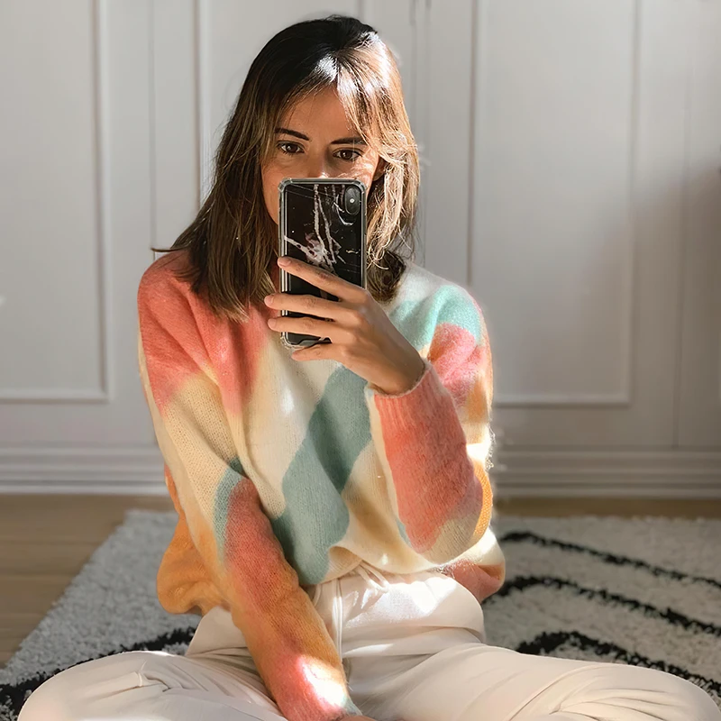 

Multicoloured Print Jumper Autumn Women Round Neck Long Sleeves Kid Wool Mohair Pullover Tops Elegant Vintage Female Sweaters