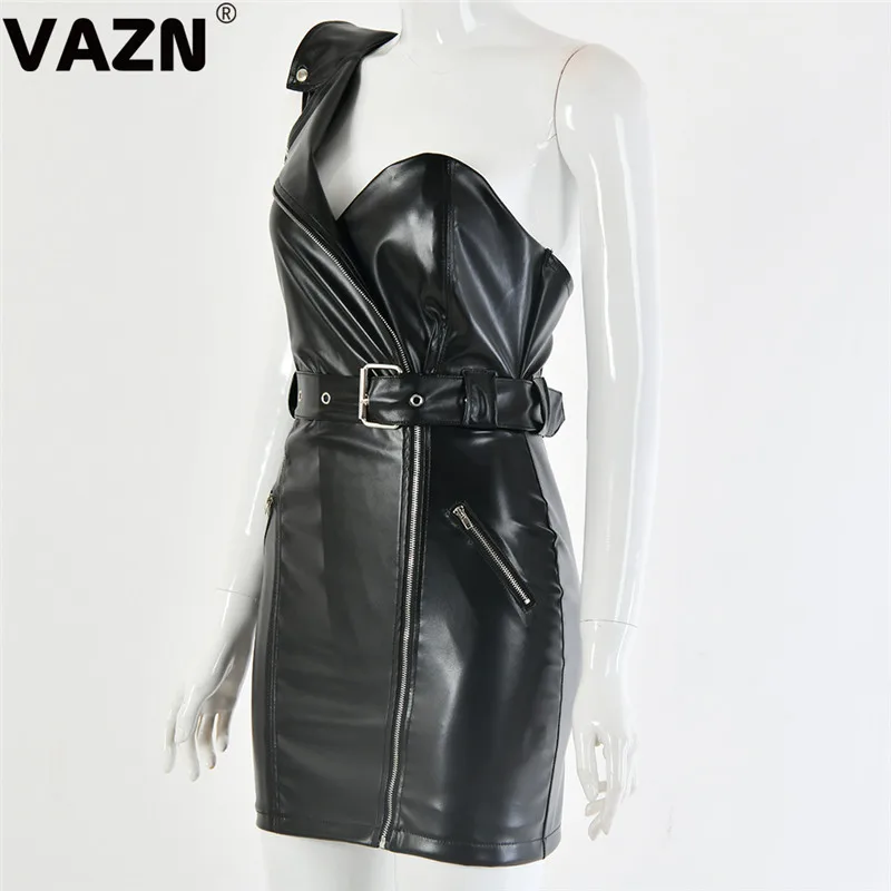 VAZN, FD8359, новое кожаное платье, сексуальное, Клубное, классическое, черное, с вырезом, на одно плечо, на шнуровке, высокая талия, женское, тонкое, мини платье