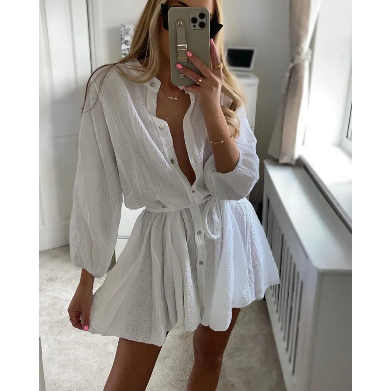 

Sexy High Waist Solid Color Long Sleeved Buttons V Neck Dress Autumn Fashion Women's Elegant Straight Slim Office Mini Dresses