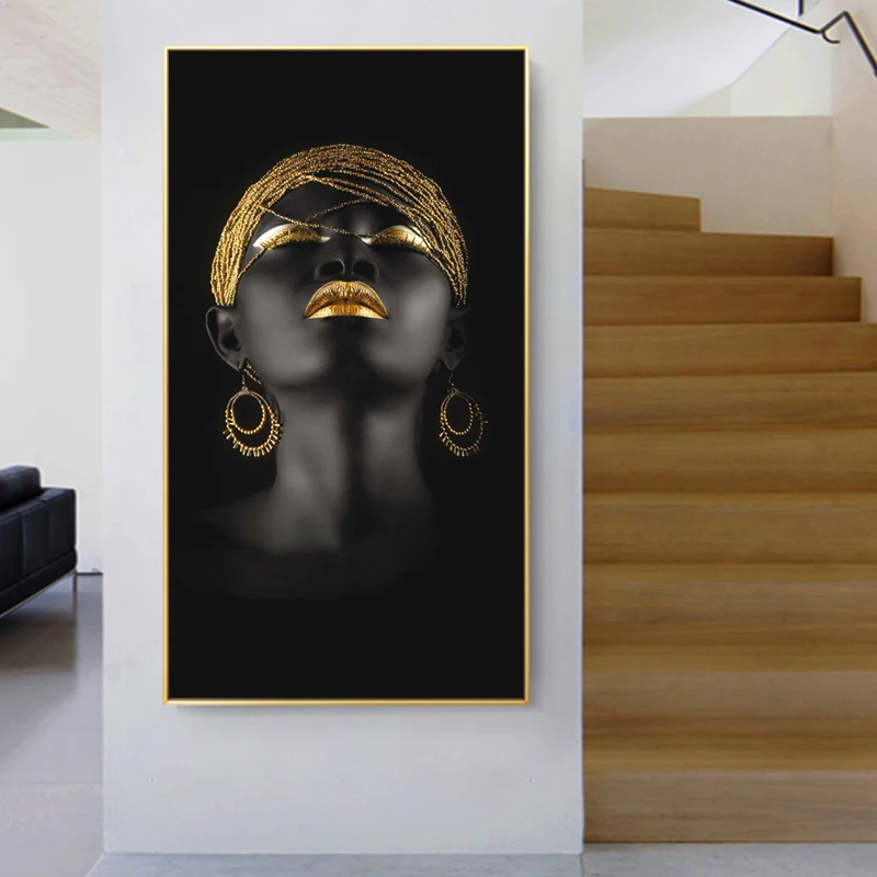 Черная женщина с золотом головной убор холст фотообои и принты АФРИКАНСКАЯ