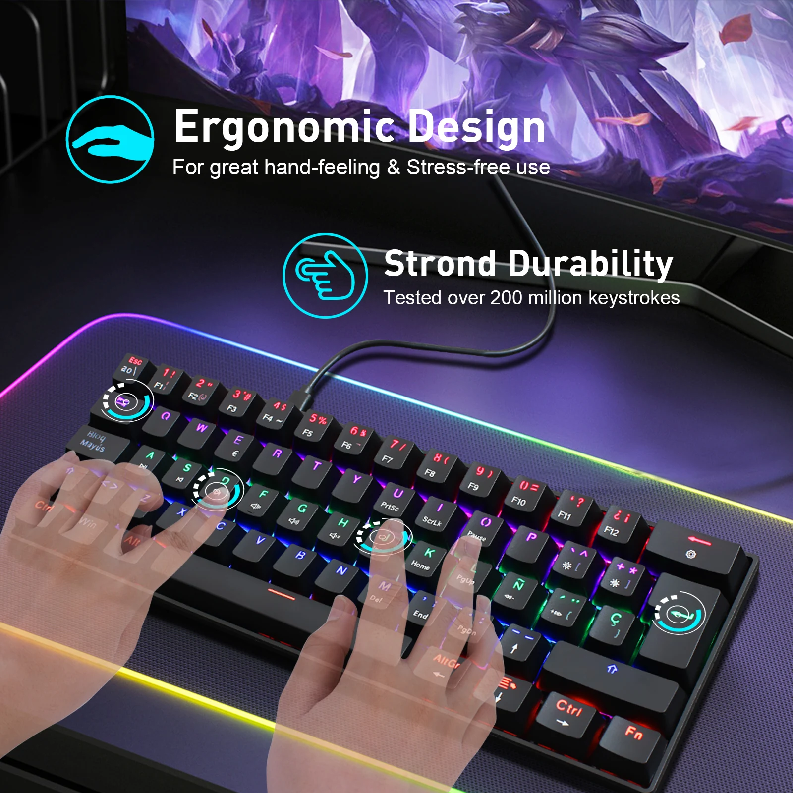 zienstar 60 spanish mechanical gaming keyboard cyan axis wired type c connector with rgb light 61 keys for desktop gamer free global shipping