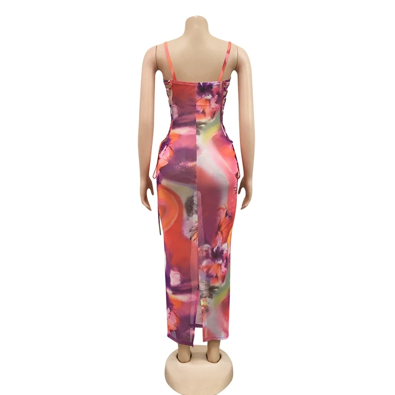 

Floral Print Sheer Mesh Maxi Dress Spaghetti Straps Side Lace Up Club