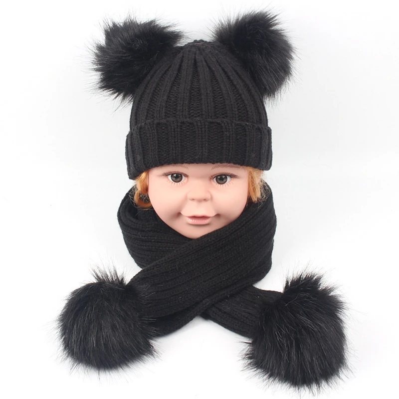 Детская Зимняя Теплая Вязаная Шапка бини в рубчик с длинным шарфом комплекте