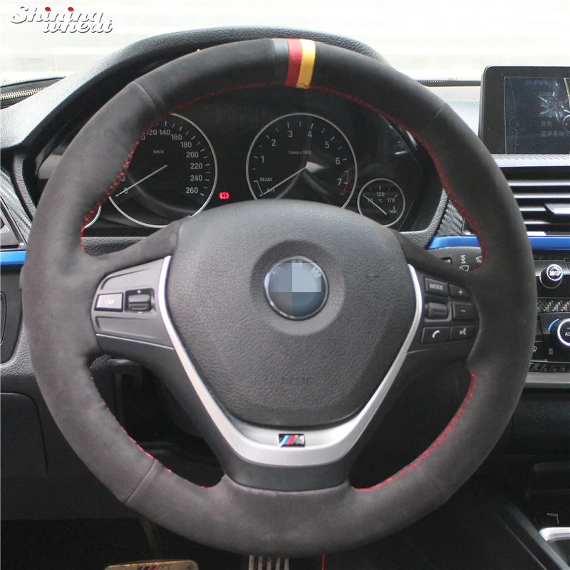 

Black Suede Black Red Yellow Marker Hand-stitched Car Steering Wheel Cover for BMW F30 320i 328i 320d F20