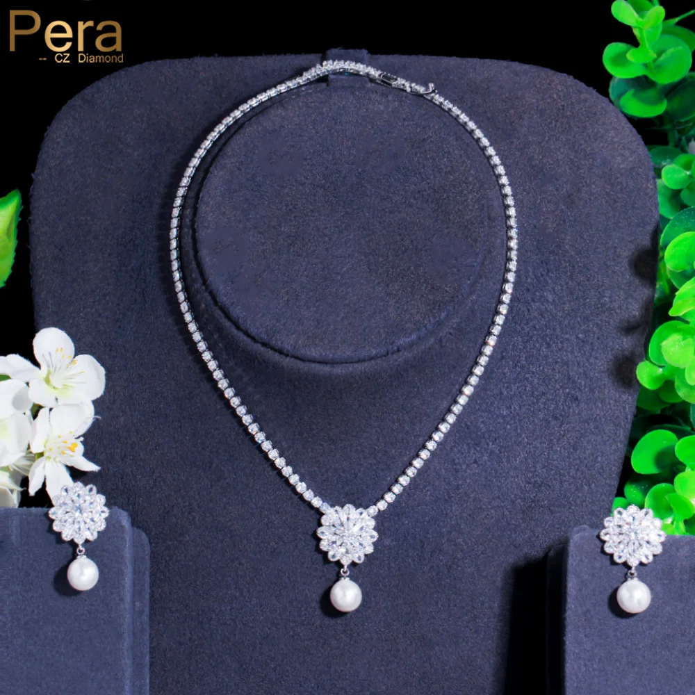 

Pera Fascinated White CZ Zircon Snowflower Tassel Pearl Long Pendant Necklace Earrings for Women Wedding Brand Jewelry Sets J499