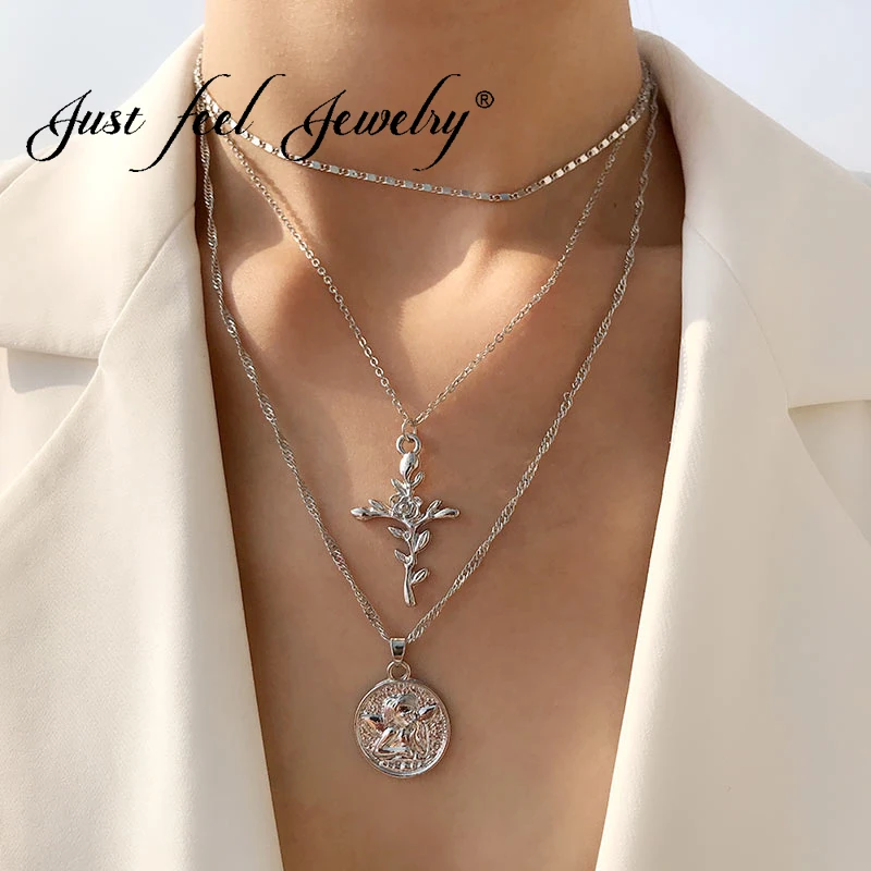 Женское ожерелье с подвеской JUST FEEL Розовый Крест цветами розы серебряного цвета