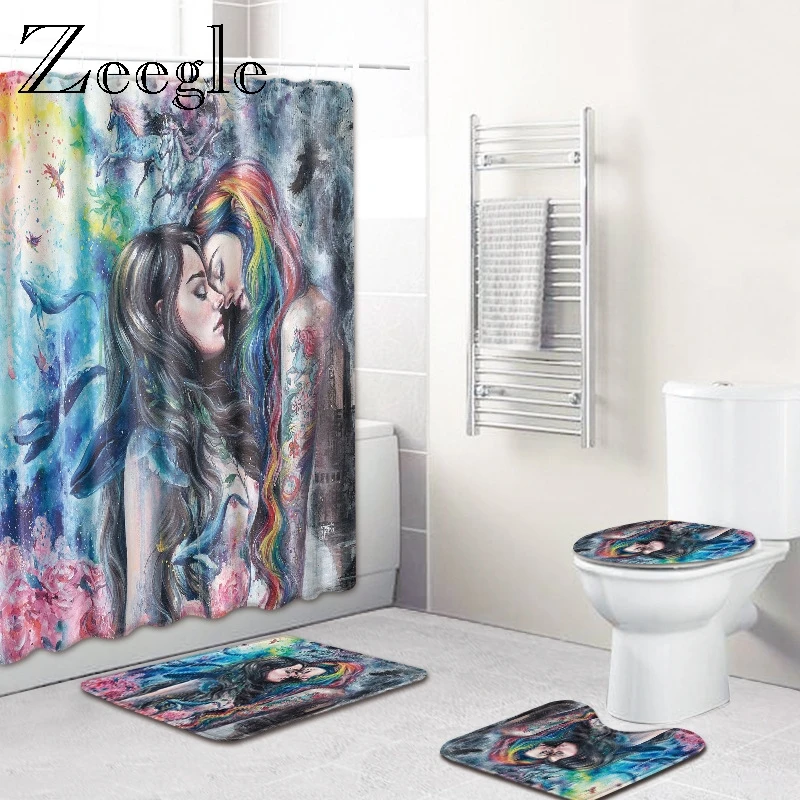 

Zeegle African Girl Shower Curtain Bath Mat Toilet Pad Character Pattern Anti-slip Toilet Rug Bathroom Carpet Flannel Bath Mats