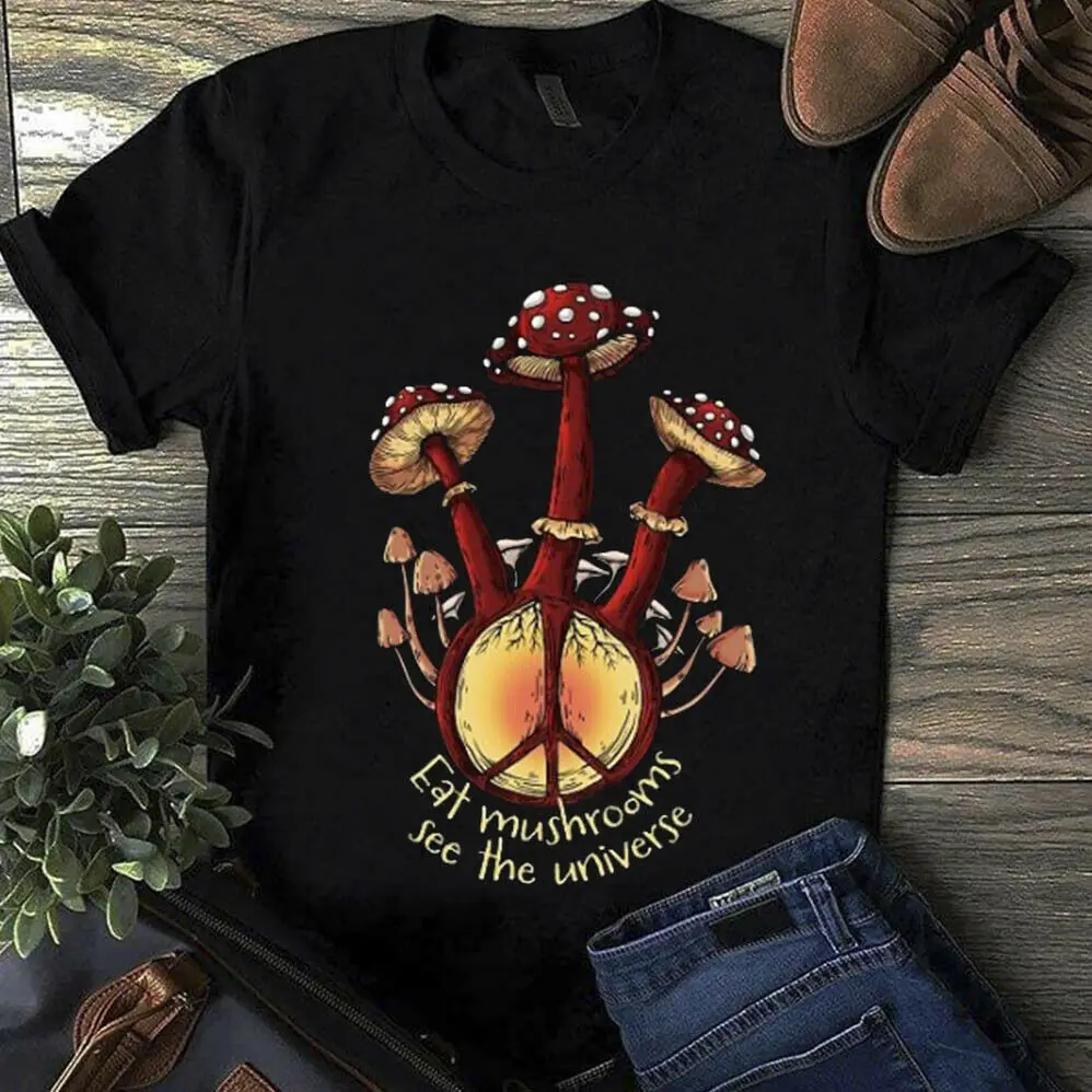 Хиппи ест грибы видеть вселенную футболка черный хлопок мужская S-6XLCartoon Футболка