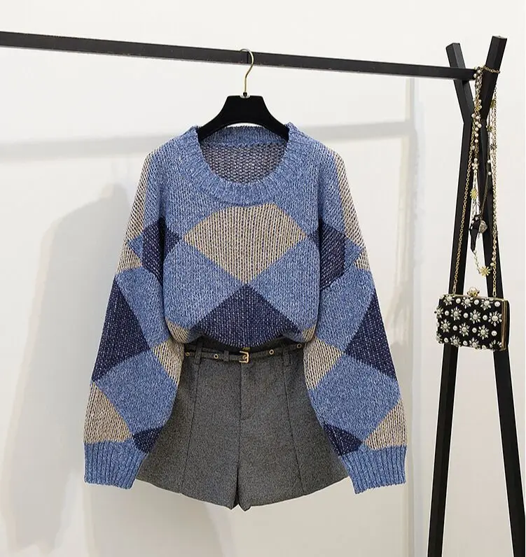 Вязаный клетчатый свободный джемпер с длинным рукавом свитера топы + твидовые