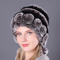 winter hats for girls womens fur hat rabbit cap floral knitted hat with balls female warm snow caps 52 60cm