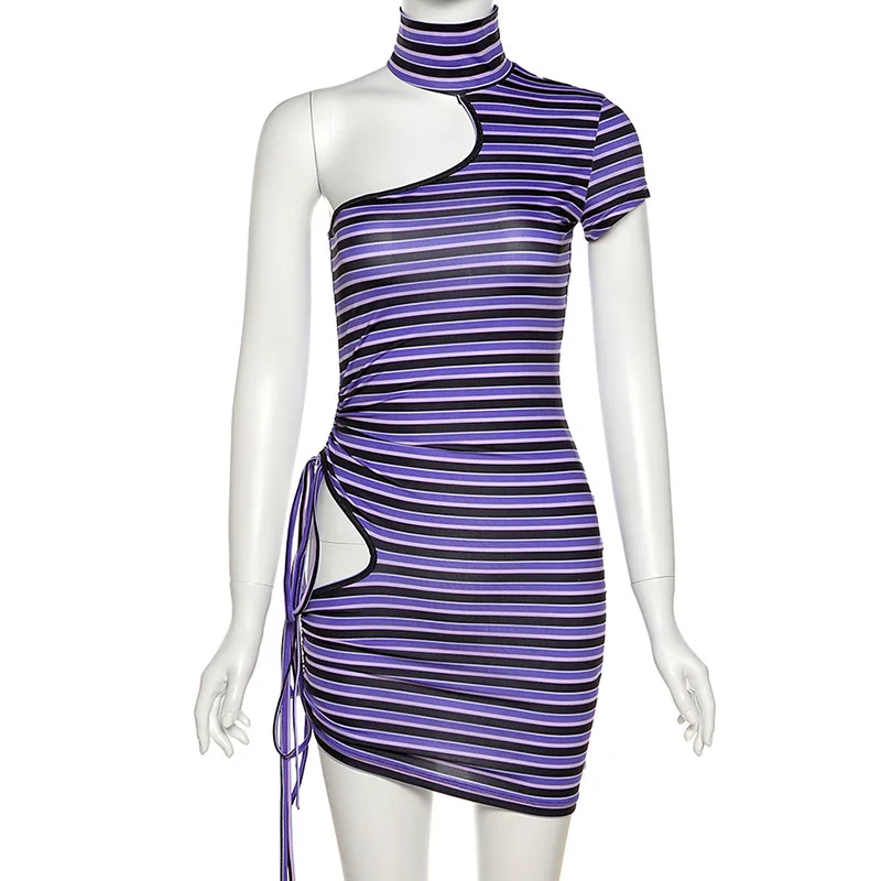 

2021 Y2K Summer Fashion Personality Mini Dress High Neck Striped Drawstring Slim Hollow Strapless Inner Dress Asymmetrical Sexy